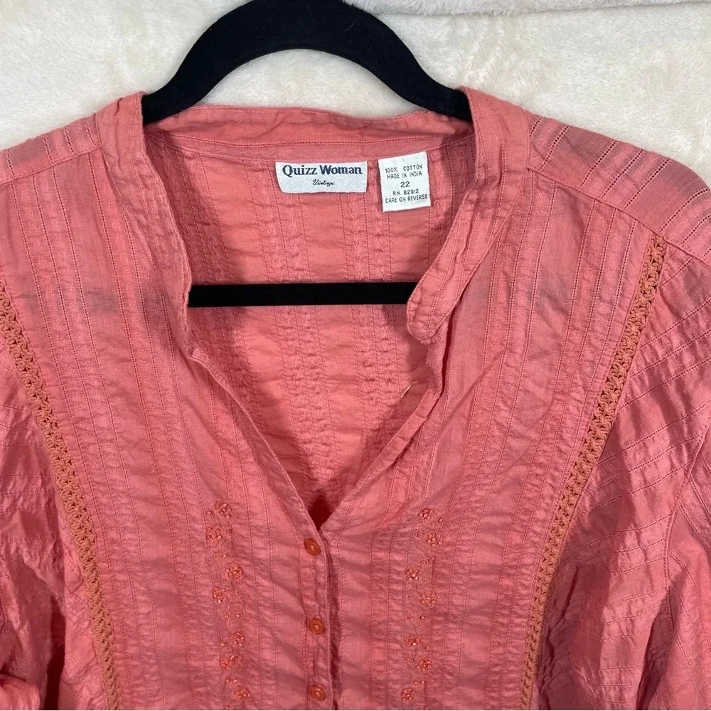 Quizz woman casual button down shirt coral pink beaded floral coastal cotton 22